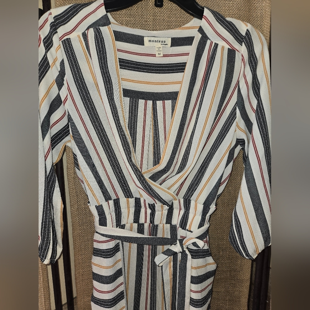 NWOT Women's Monteau Striped Wrap Dress with Belt And Pockets Size Medium - Picture 9 of 11
